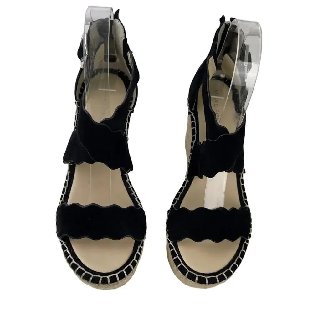 Marc Fisher Calita Black Suede Scalloped Crisscross Platform Espadrille Wedge 7M